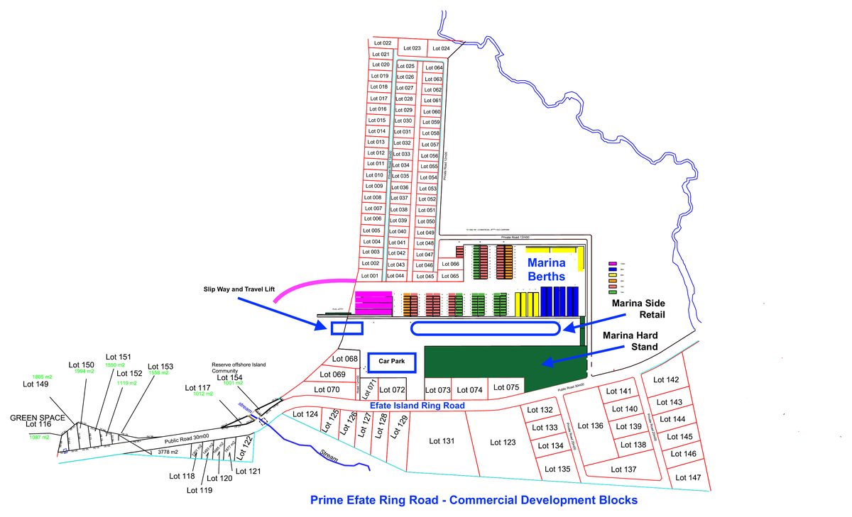 Master survey layout plan of the Port Havannah Marina Project, January 2026, showing every lot number and boundary: residential lots 1 to 66 along the canal, the marina berths, slipway and travel lift, fuel jetty, car park, marina-side retail and hard stand, and the commercial development blocks along the Efate Island Ring Road.